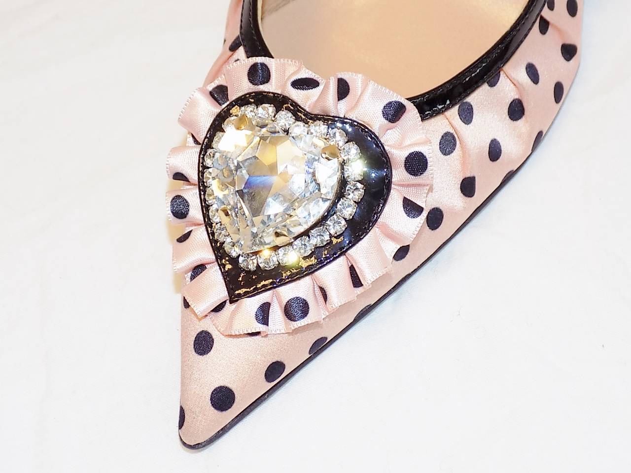 Women's Casadei Crystal Heart Shoes  Pink & Black Polka Dot Satin Size 7.5