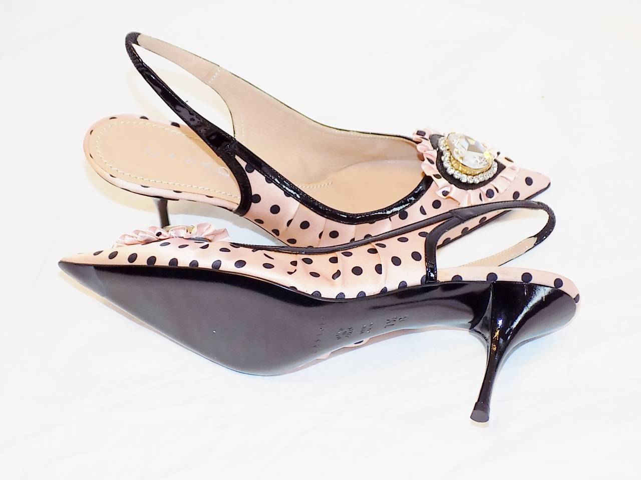 Casadei Crystal Heart Shoes  Pink & Black Polka Dot Satin Size 7.5 In New Condition In New York, NY