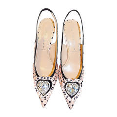 Casadei Crystal Heart Shoes  Pink & Black Polka Dot Satin Size 7.5