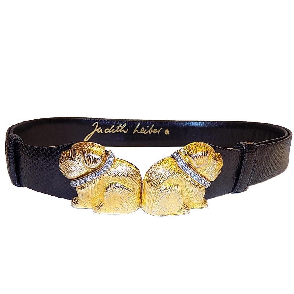 Judith Leiber vintage black   belt Bull Dog buckle wearing  diamond  collar