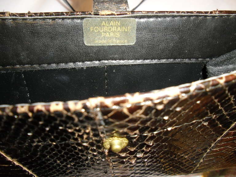 Vintage ALAIN FOURDRAINE PARIS Handpainted Peackock frame snakeskin bag 1