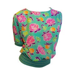 Emanuel Ungaro aqau multicolor floral  silk twill short-sleeve top.