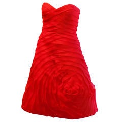 Carmen Marc Valvo Couture Flower Pleat Party  Dress Framboise red