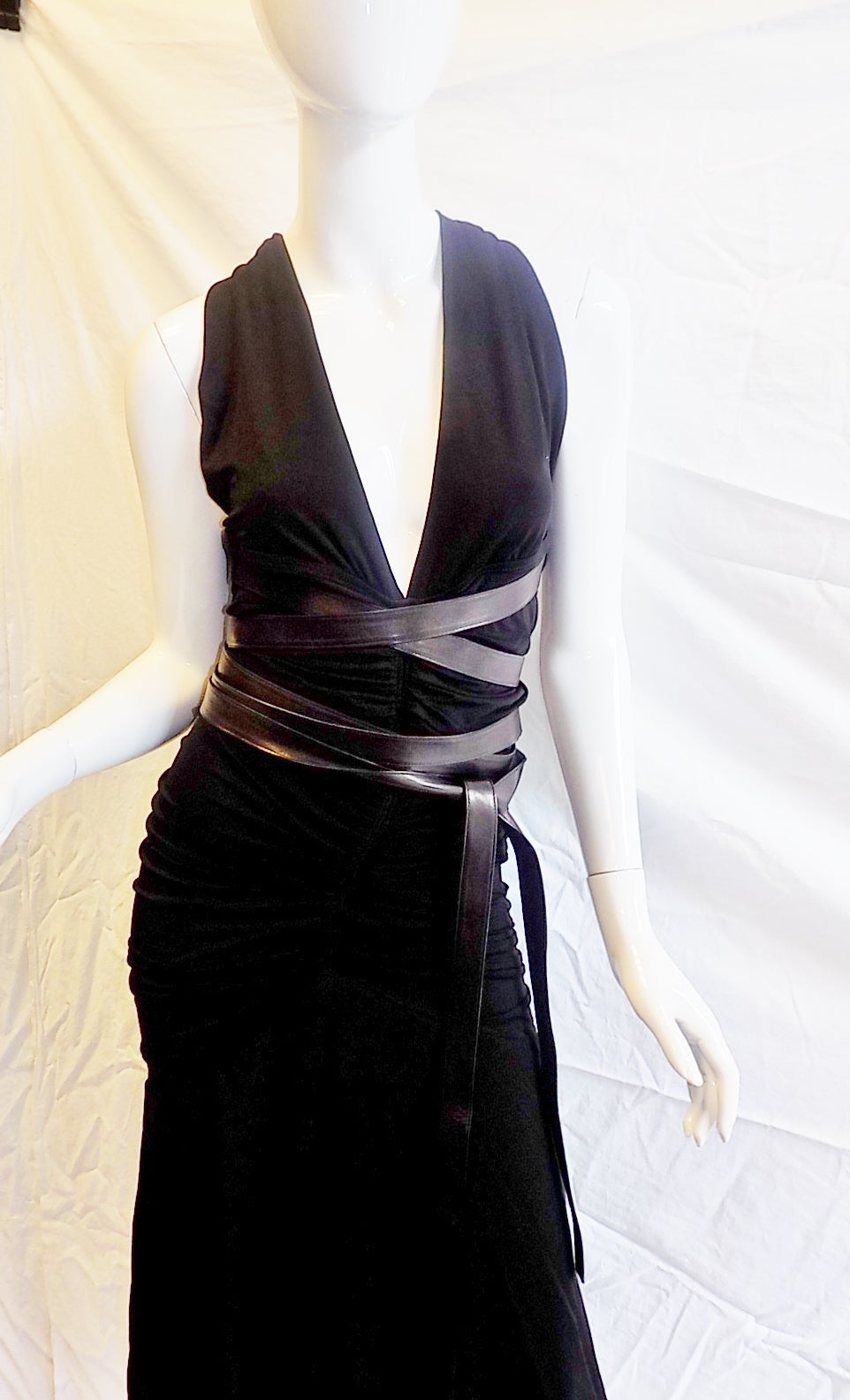 Donna Karan Vintage halter  black cocktail dress with leather long wrap belts In Excellent Condition In New York, NY