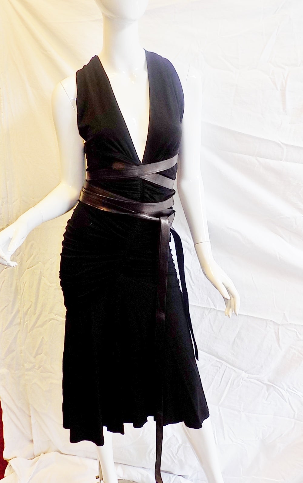 Donna Karan Vintage halter  black cocktail dress with leather long wrap belts 1