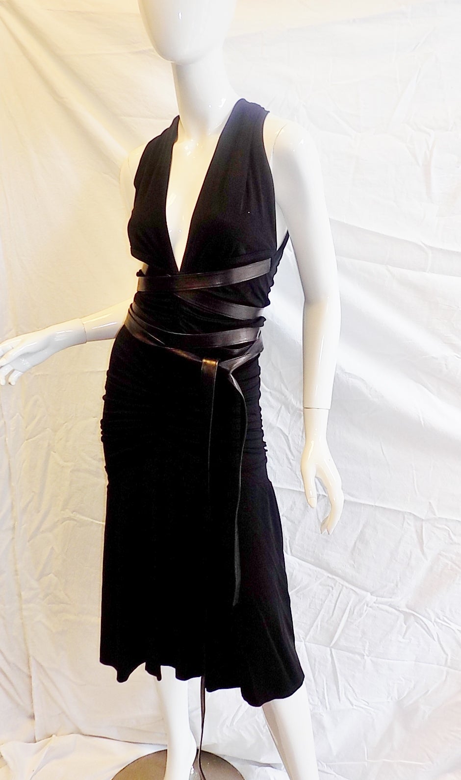 Black Donna Karan Vintage halter  black cocktail dress with leather long wrap belts