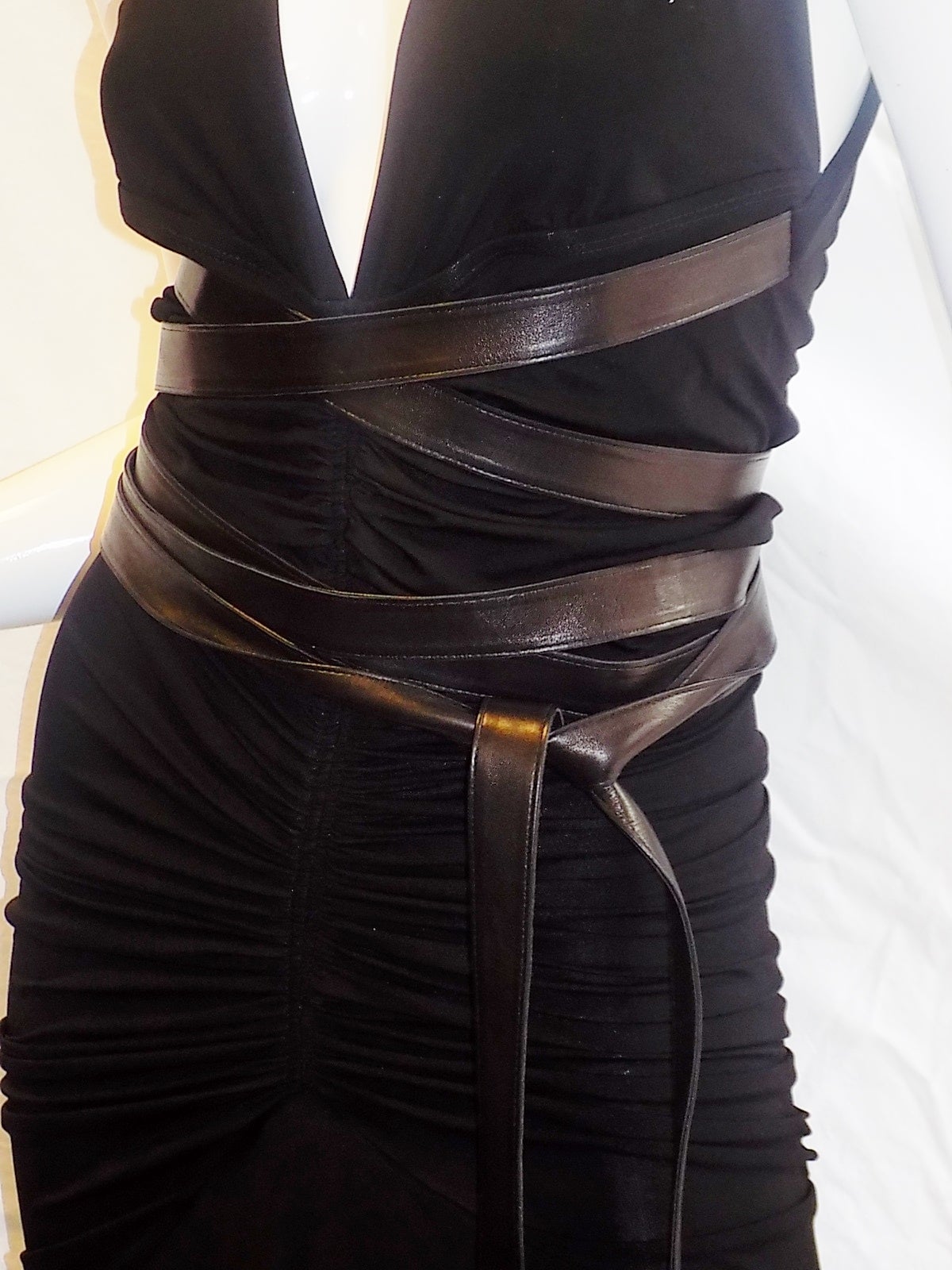 Women's Donna Karan Vintage halter  black cocktail dress with leather long wrap belts