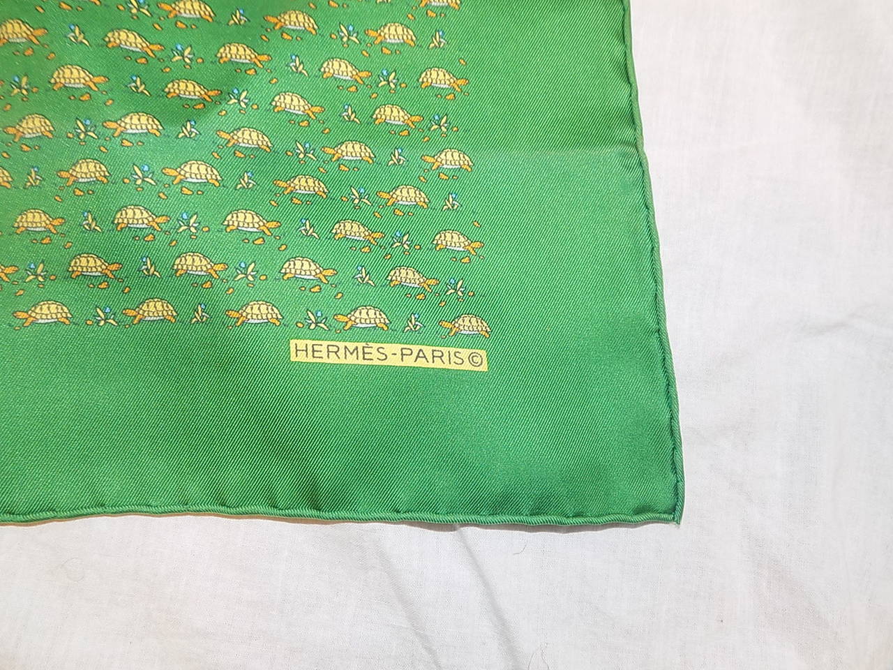 Green Hermes Vintage  Pocket Square Scarf with Turtles