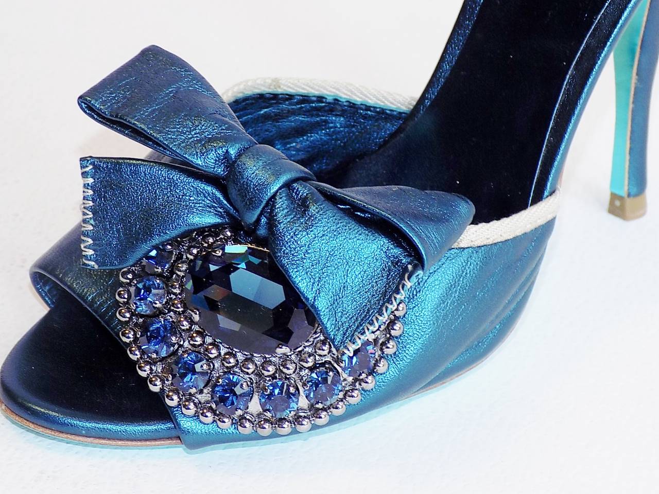 Black Miu Miu Metallic  Blue High Heel evening shoes  with large crystal