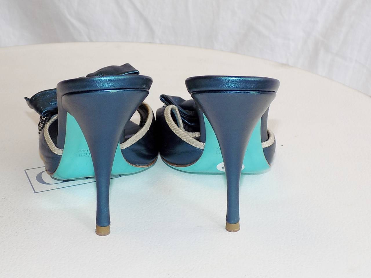 Miu Miu Metallic  Blue High Heel evening shoes  with large crystal In Excellent Condition In New York, NY