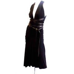 Donna Karan Vintage halter  black cocktail dress with leather long wrap belts