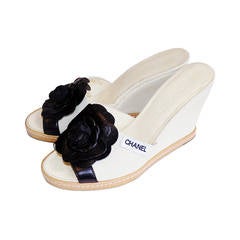Chanel Summer wedge sandals with black camellia  sz 38