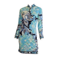 Vintage True Emilio Pucci  blue Silk Dress  w Mandarin Collar  1960's