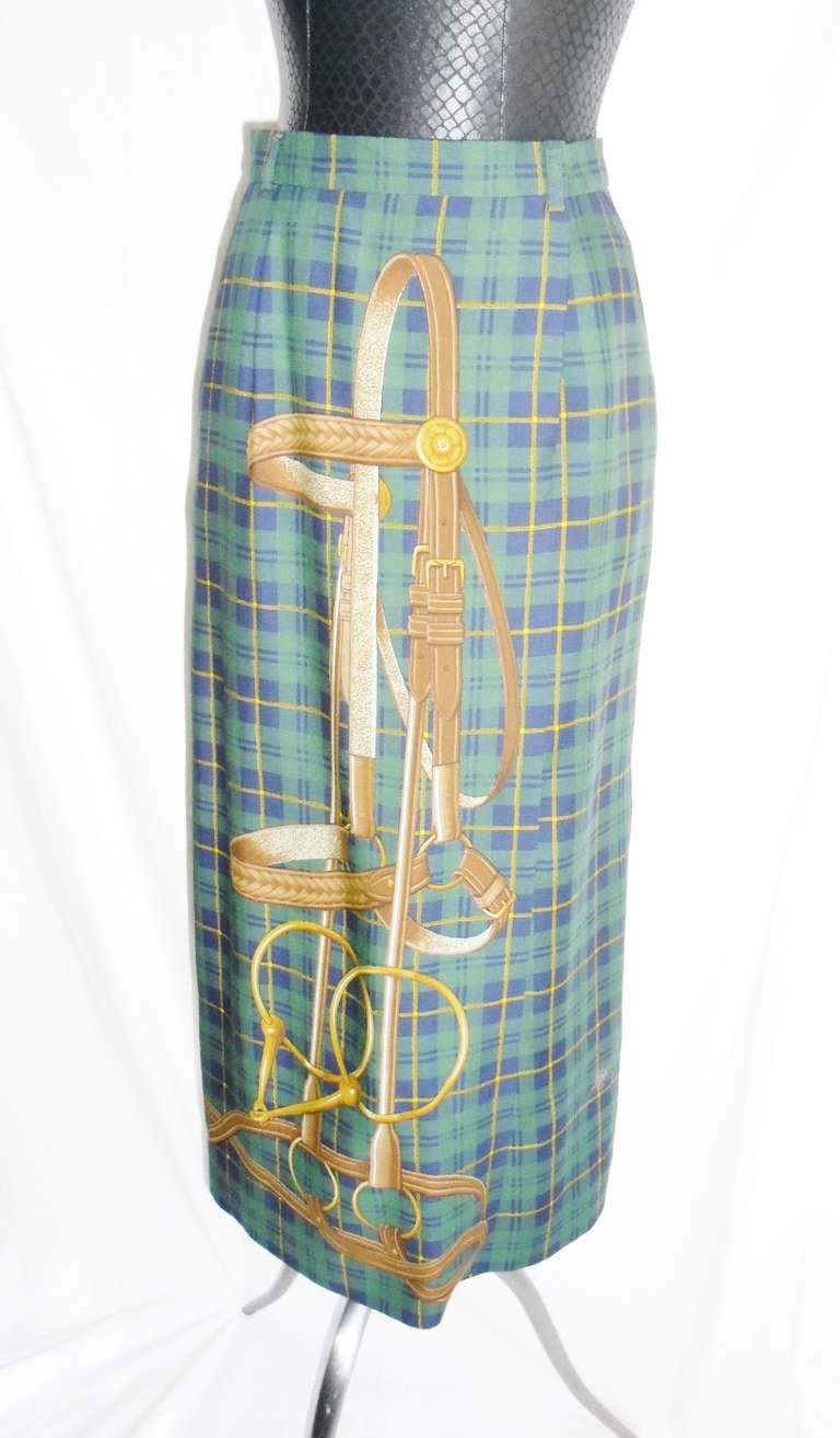Green and blue plaid in pristine condition fabulous Early 90's Equestrian Ralph Lauren Long Skirt . Side pockets. Faux wrap style. Great with riding boots. Marked size 12 with waist 28