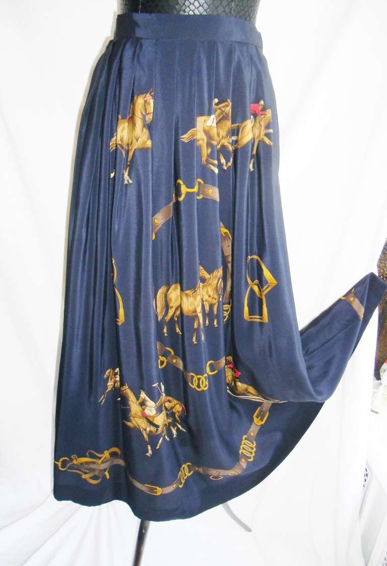 Ralph Lauren Vintage navy silk skirt. Equestrian print.  Stated size 10 with waist 28