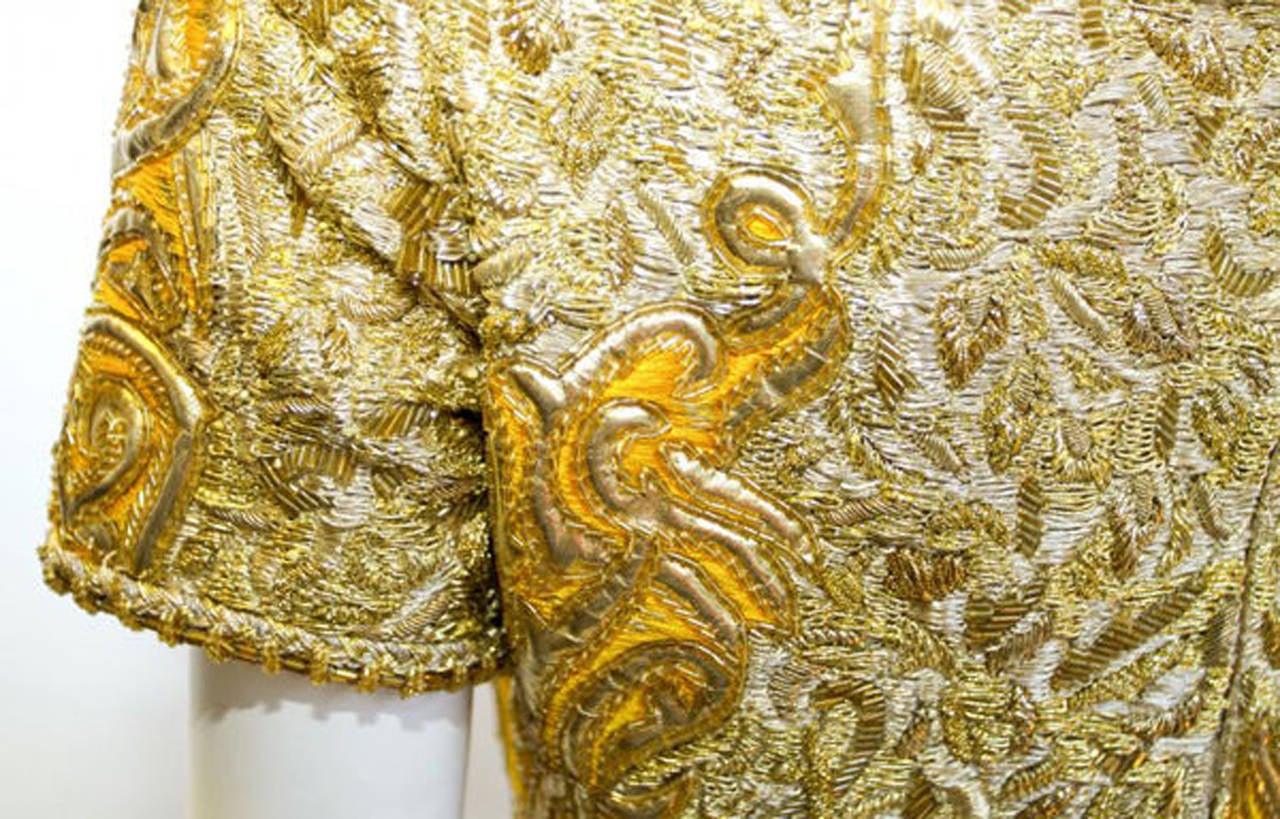 Oscar De la Renta Gold velvet , leather and beads brocade Gown For Sale 1