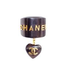 Chanel Vinatage wood Cuff Bracelet with Hanging CC Heart 1980's