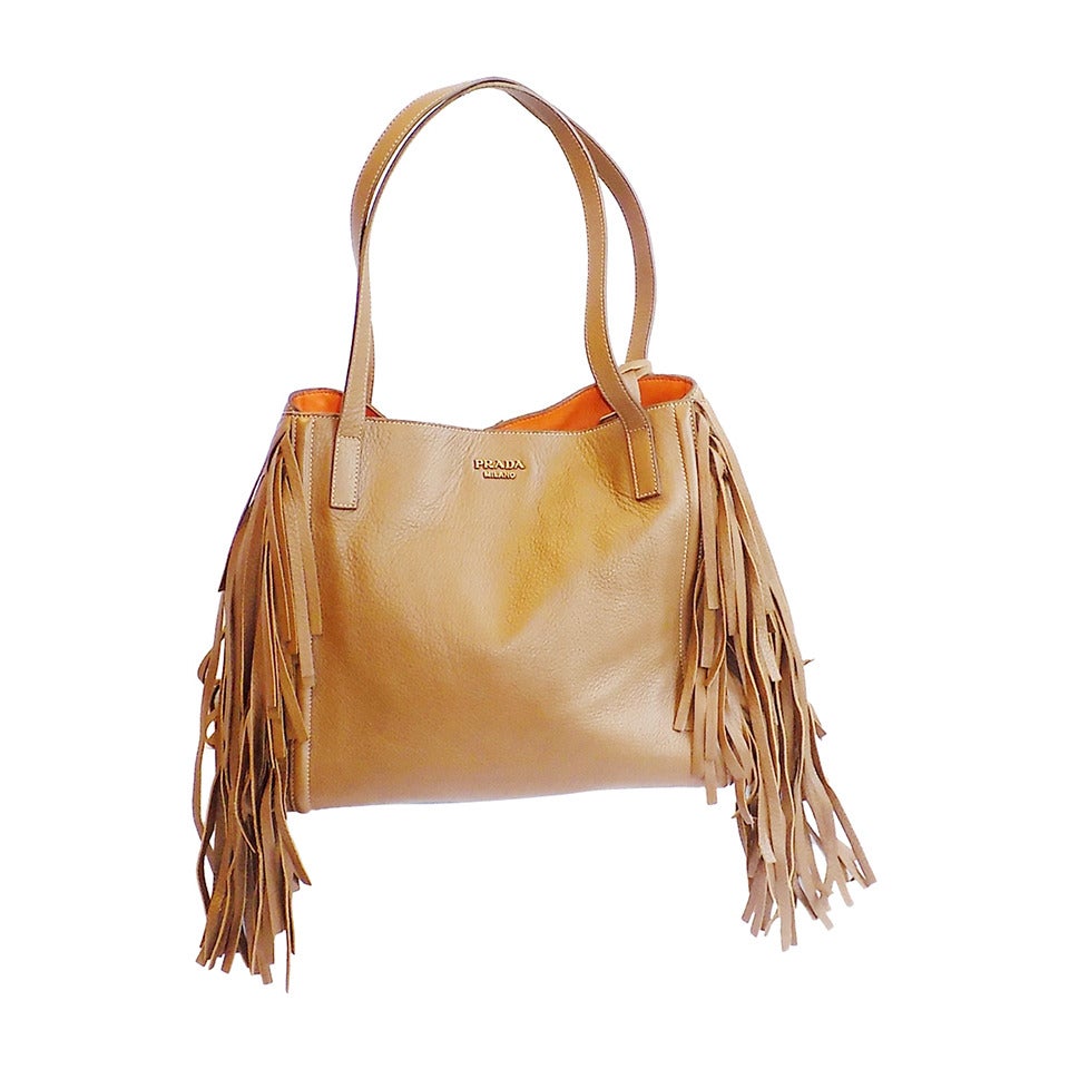 Prada Deer skin Large Camel color Fringed tote bag Collection winter 2014  NEW at 1stDibs | prada bag camel color, deer skin bag