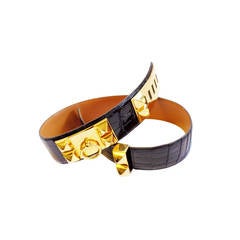 Vintage Black Hermès Collier de Chien crocodile  belt with gold-tone hardware