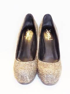 YSL Yves Saint Laurent white pony tweed fur Tribtoo pump platform shoessz 40