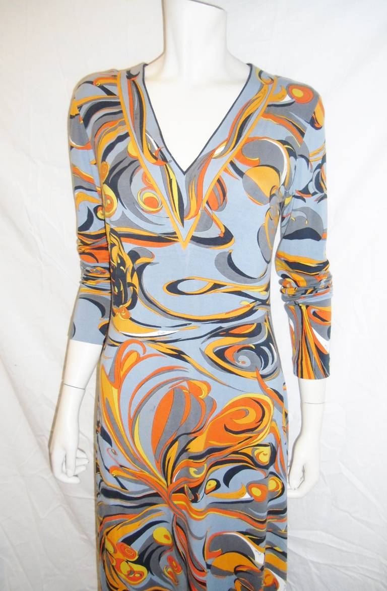Perfect for cruise / summer/fall Pucci maxi dress featuring long sleeves and V neck line. Grey background with orange , black and yellow abstract print. Cotton and spandex blend. Pristine condition like new.  Label is missing. Showroom item. Please