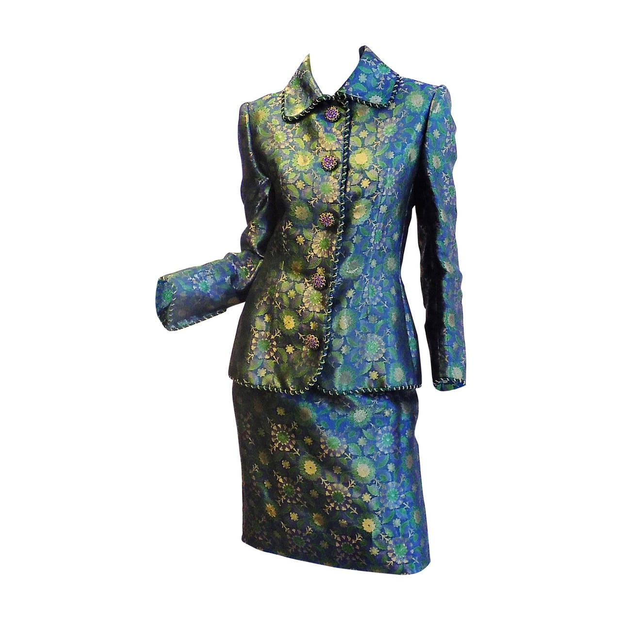 Givenchy Couture  Vintage Silk Brocade Skirt suit with jeweled buttons For Sale