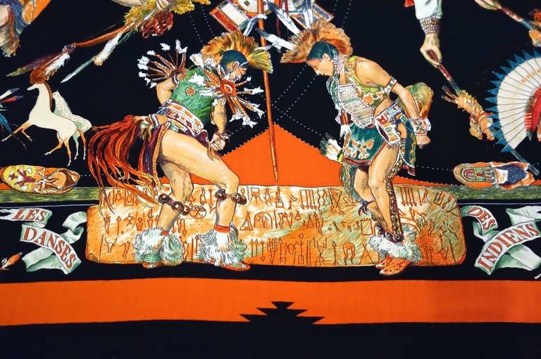 Released in 1999 as a silk carre, Les Danses des Indiens is one of Kermit Oliver's signature designs.  As the only American scarf designer for Hermes, Oliver is one of the most collected designers, and his designs are always a wonderful mix of
