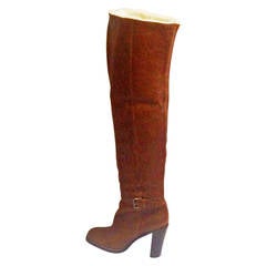 Prada Miu Miu Leather brown tan over knee high shearling Boots 37