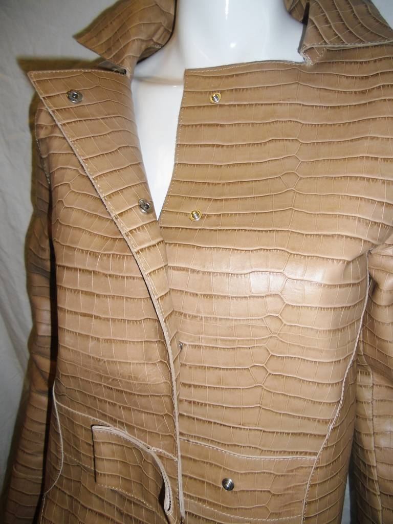 Alberta Ferretti Beige Croc-effect leather Coat Jacket For Sale 1