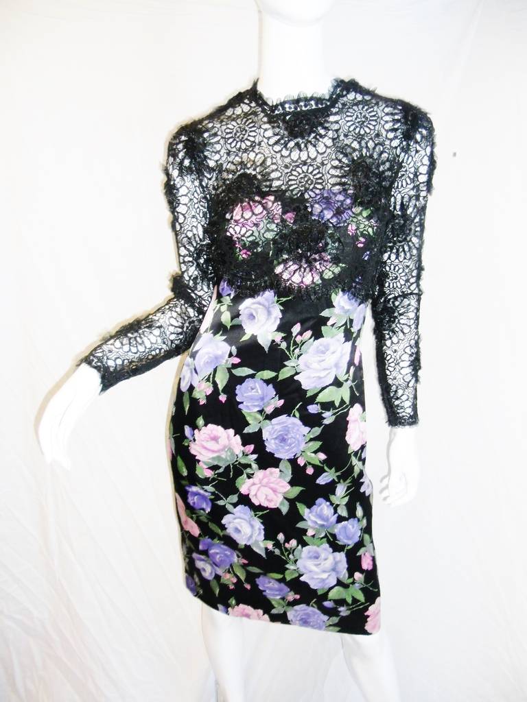 Pristine condition this Dramatic look Galano two piece ensemble is a must have in your wardrobe!! 
Silk floral  corset dress  with ribbon lace overlay  and handmade  flowers . Scalloped edges. Stunning jacket with dramatic large collar featuring