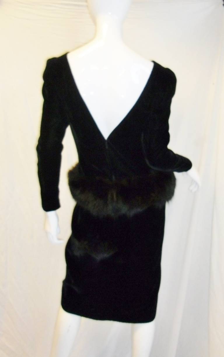 Victor Costa Black velvet cocktail dress with fox fur &quotpeplum&quot at ...