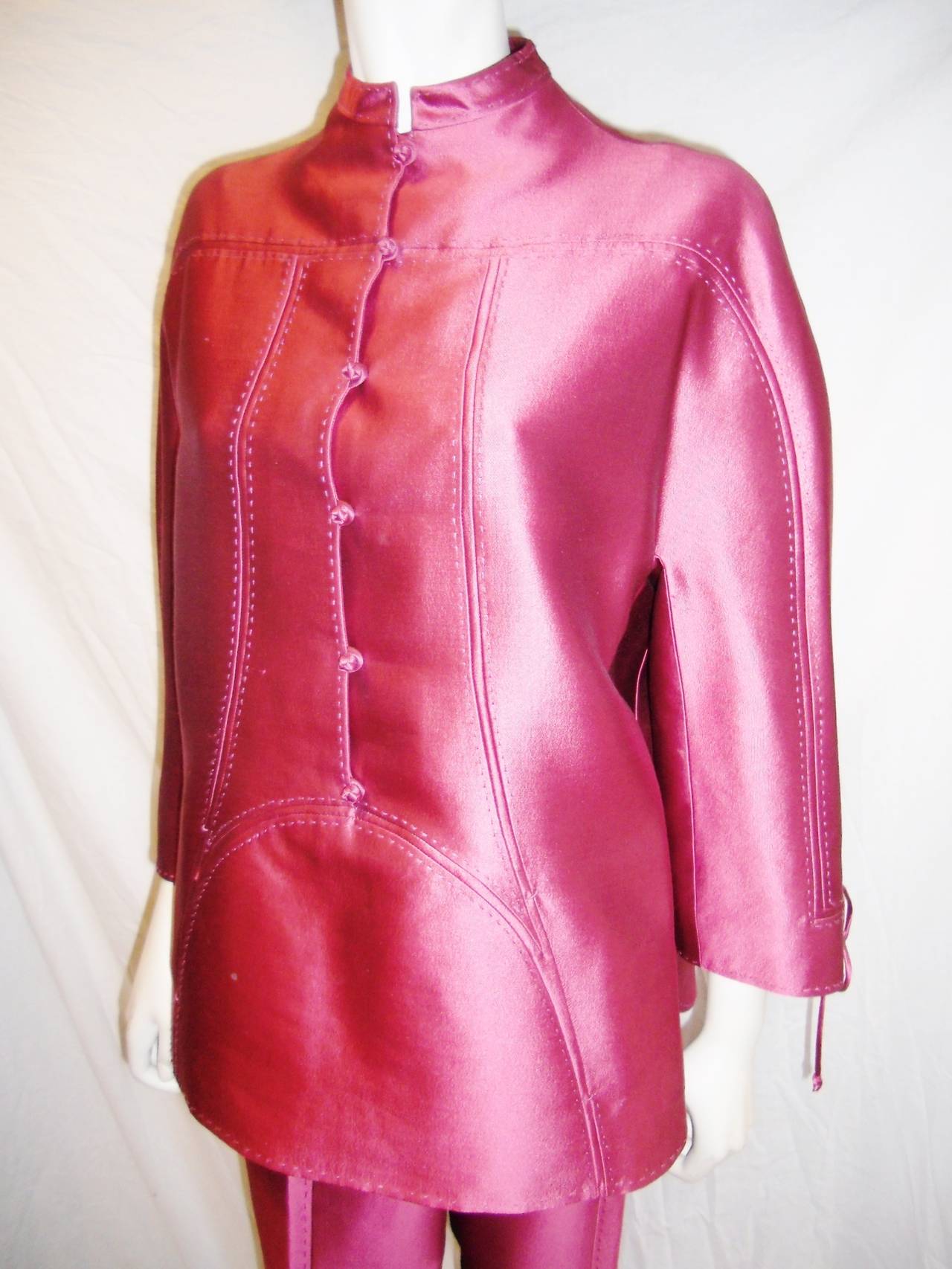 Silk Pink silver evening  Pant suit by Chado Ralph Rucci. New. Straight pants with front slit. Hand top stitching. 
Size 10
pants waist 32