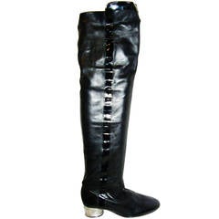 Chanel Black Leather  Over the Knee Silver Heeled Boots