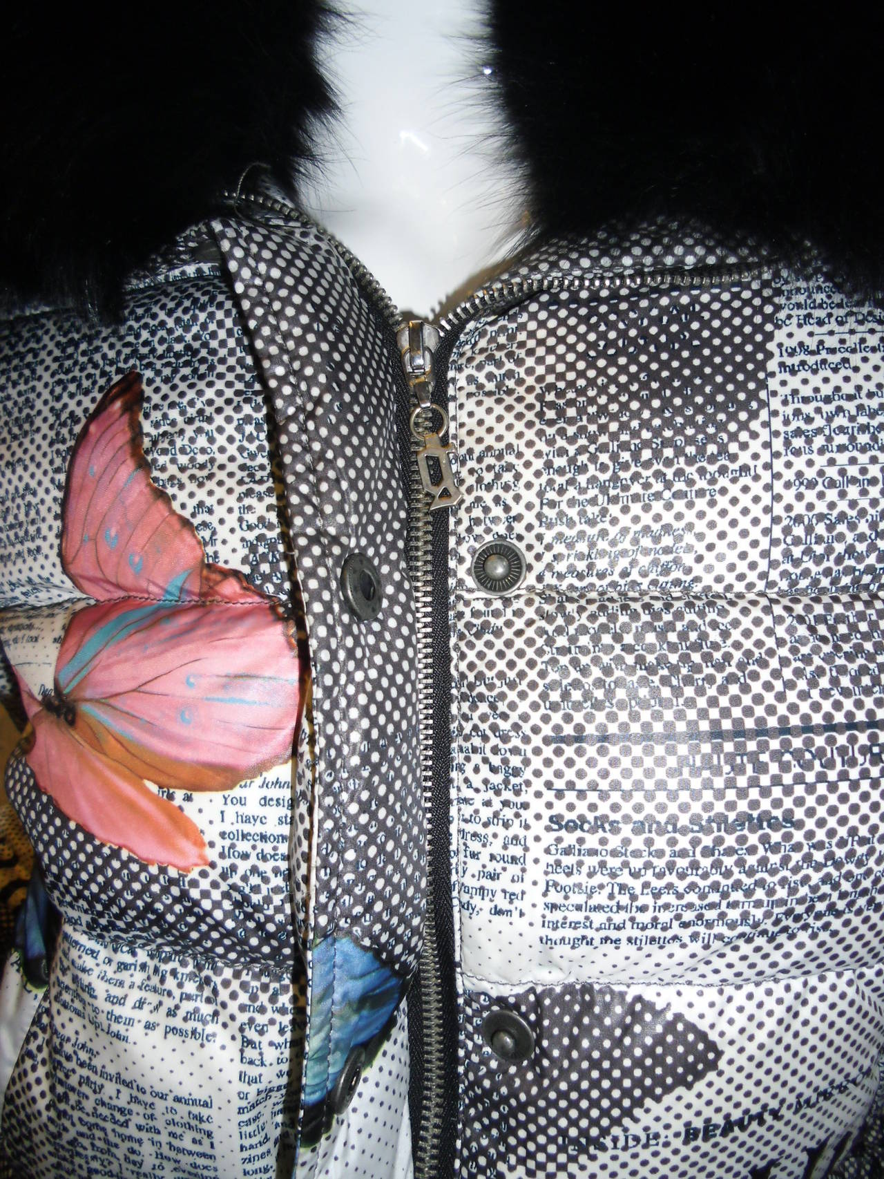 John Galliano Butterfly Gazette Print Down jacket Fur Collar 2