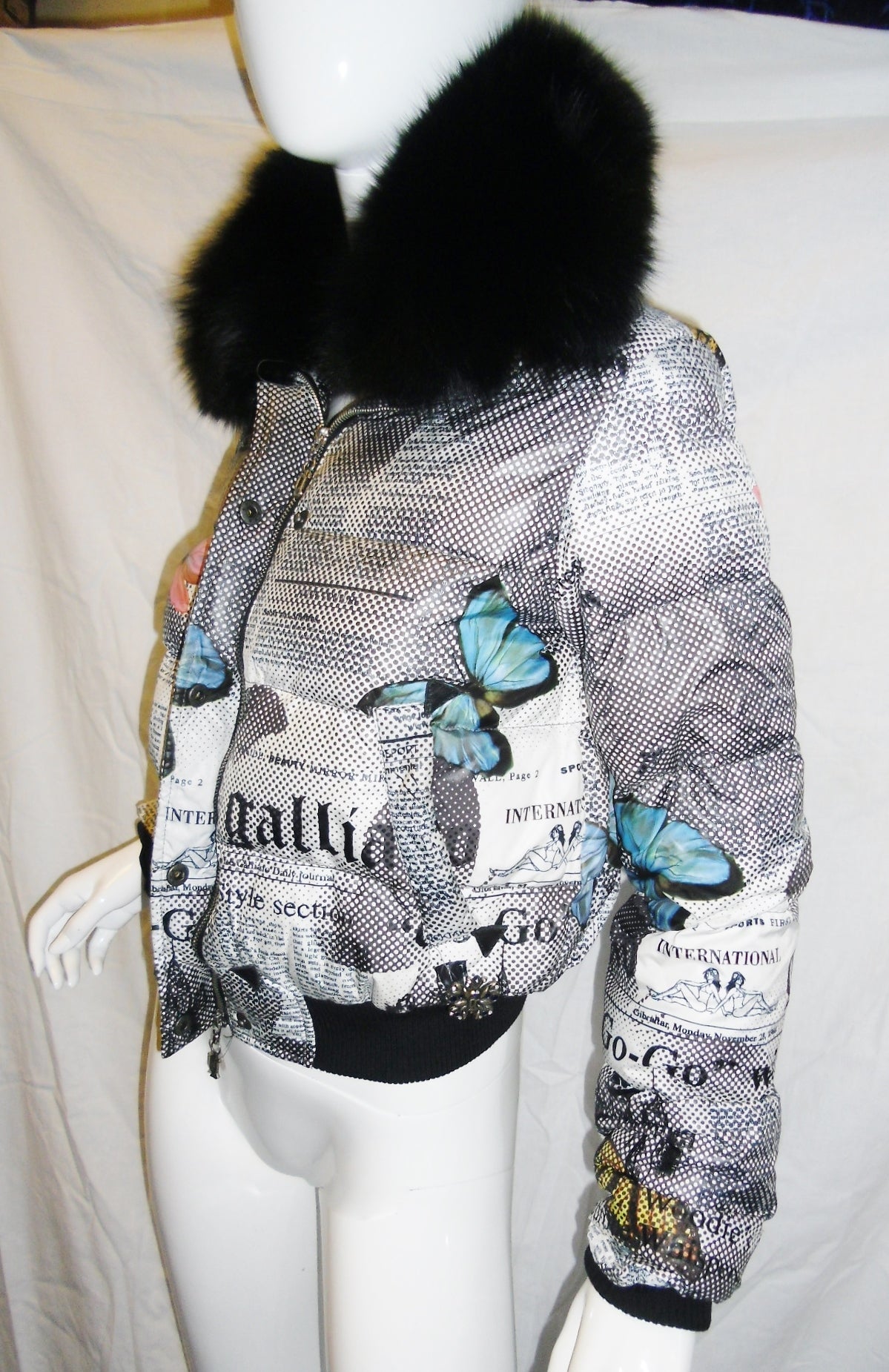 Women's John Galliano Butterfly Gazette Print Down jacket Fur Collar