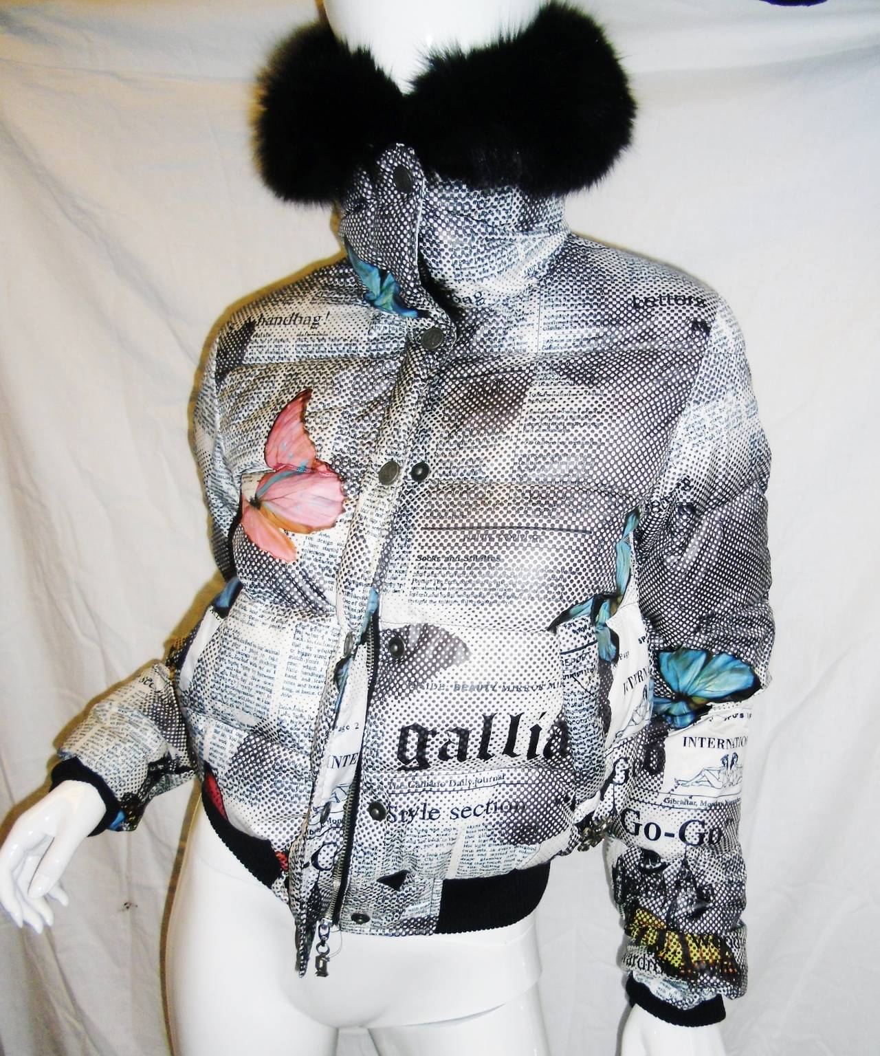 John Galliano Butterfly Gazette Print Down jacket Fur Collar In Excellent Condition In New York, NY