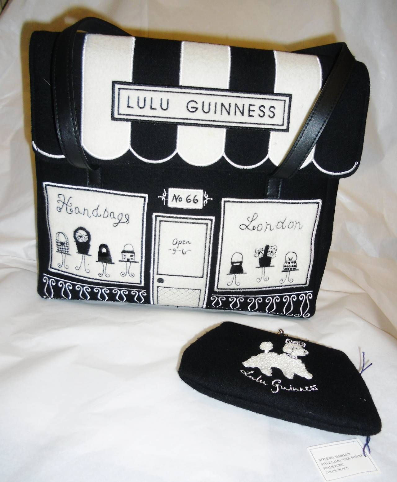 One of the first Lulu Guinness  bags from 90's. Black and white wool felt large tote. Flap closure with snaps. Double  shoulder straps. 
Extra bonus- Wallet pouch or evening bag.Black wool felt with top twist closure. Embroidered white poodle.
Bag