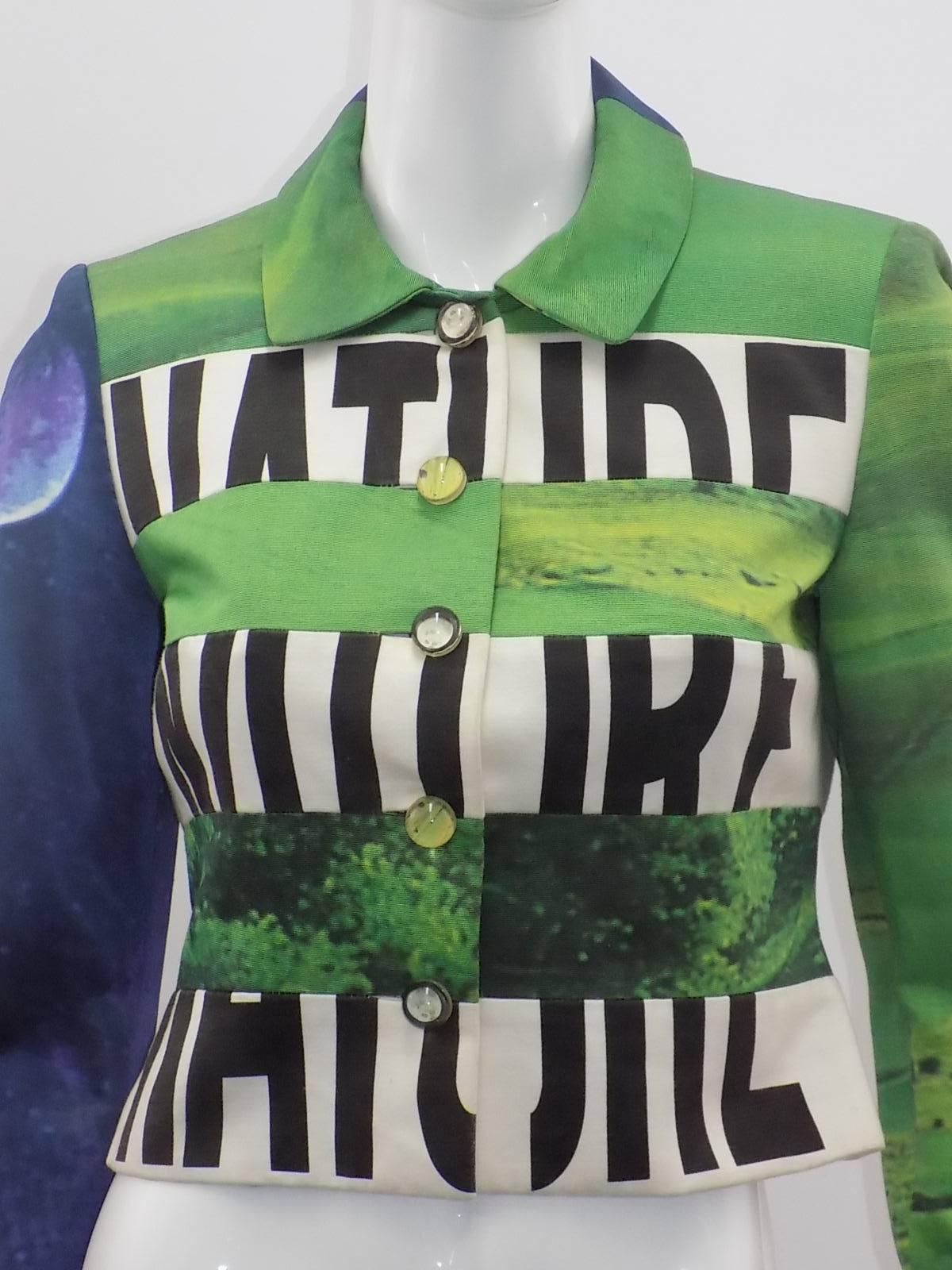 Totally chic vintage Moschino suit jacket featuring their legendary ode to the 90s Green Movement, with the words 