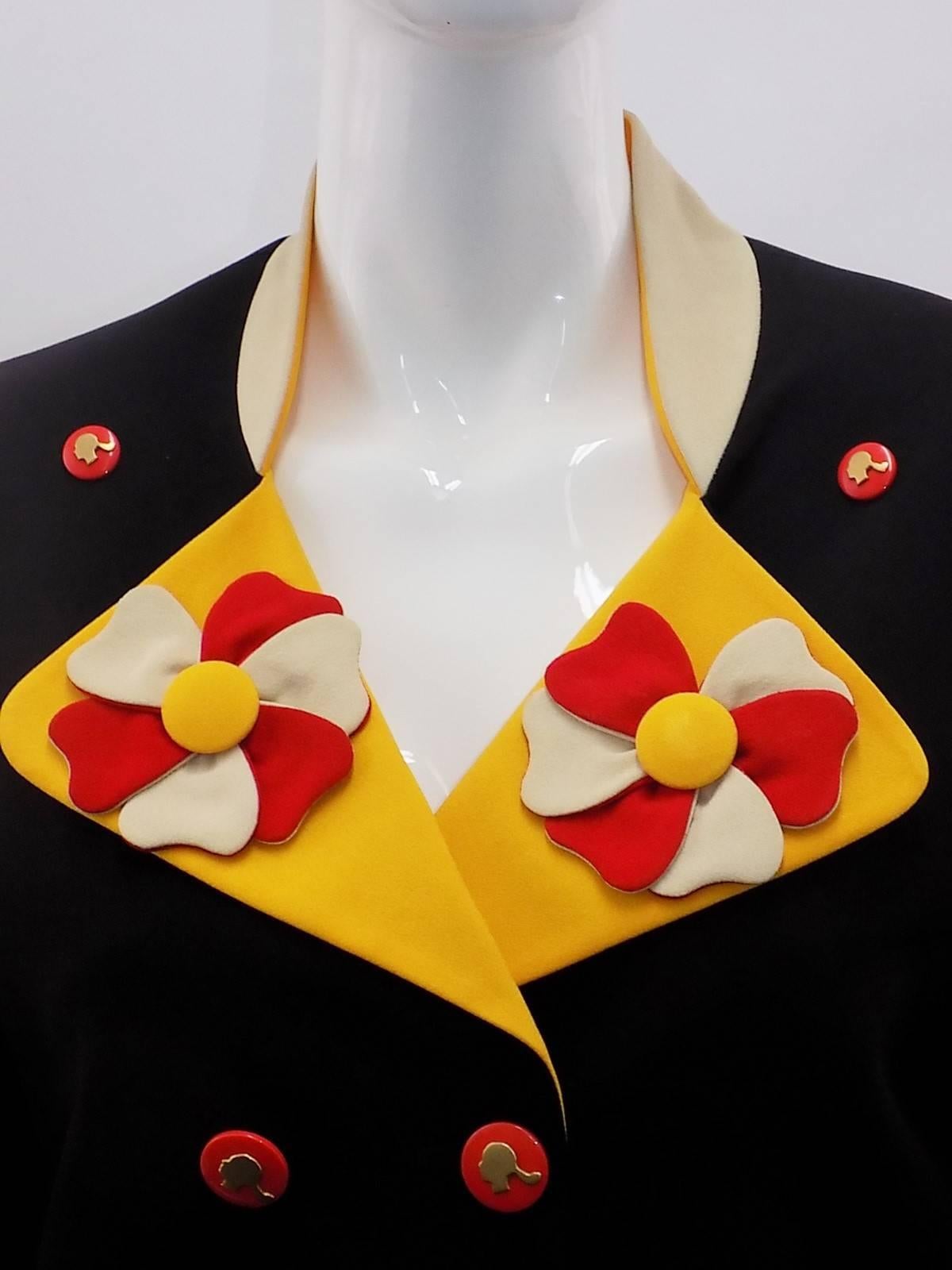 Another one from my Moschino Vintage collection . Late 1980's fabulous Moschino Cheap and Chic cropped jacket. Hand made flowers in 3D , silhouette buttons , clouds... Black and white silky striped lining. Fun, fun, fun!!!!  Fabulous condition. 