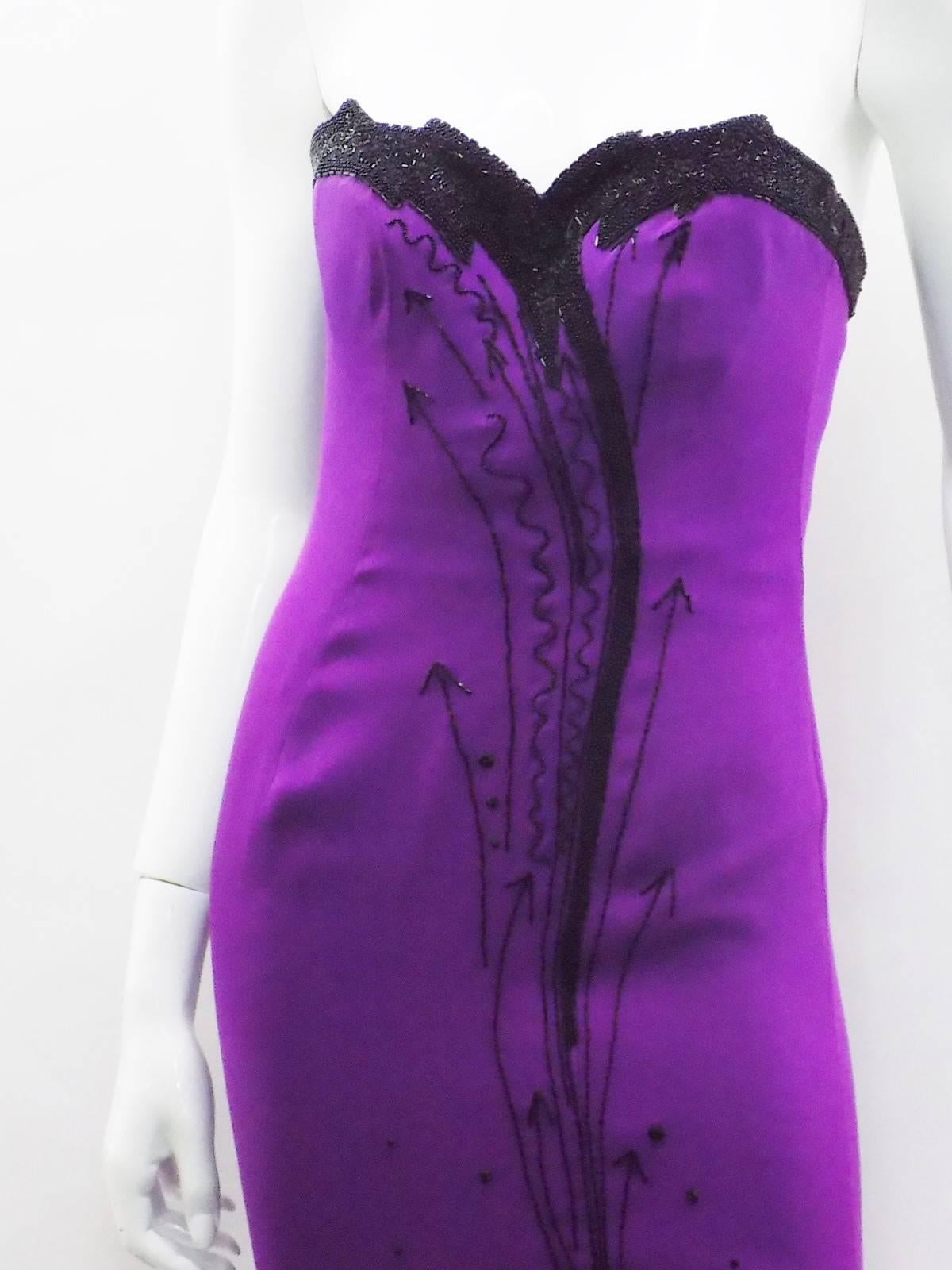 Purple Fabrice Corset  Strapless Silk Beaded  Vintage Gown  Small