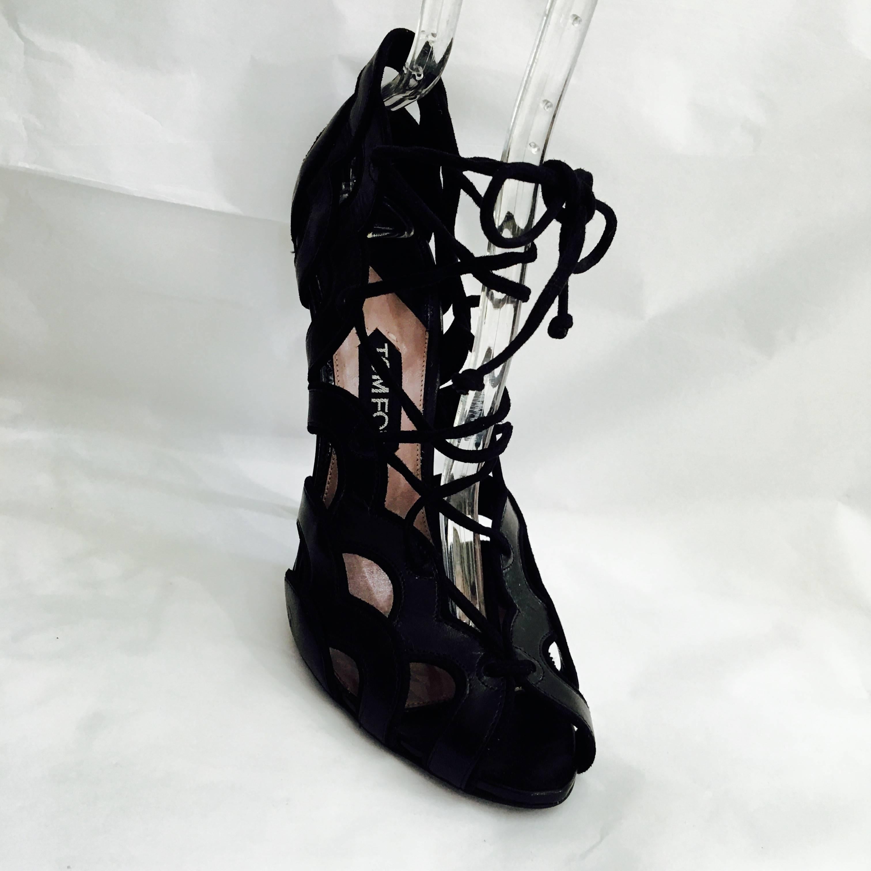 Women's  Fabulous Tom Ford Black Cut Out Black Leather stiletto  Sandals