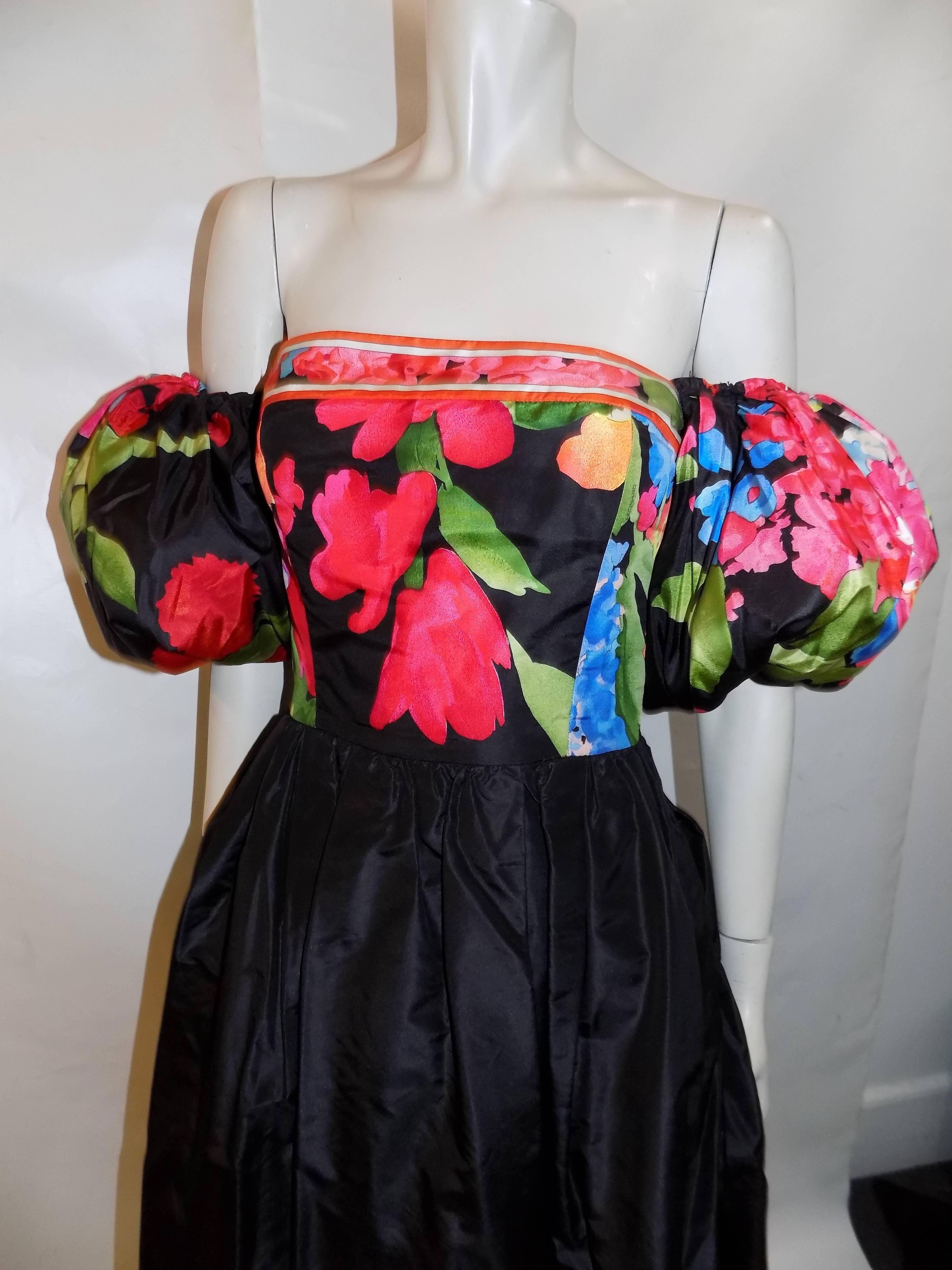 Black  Leonard Very Rare Vintage gown  with puff sleeves and sash