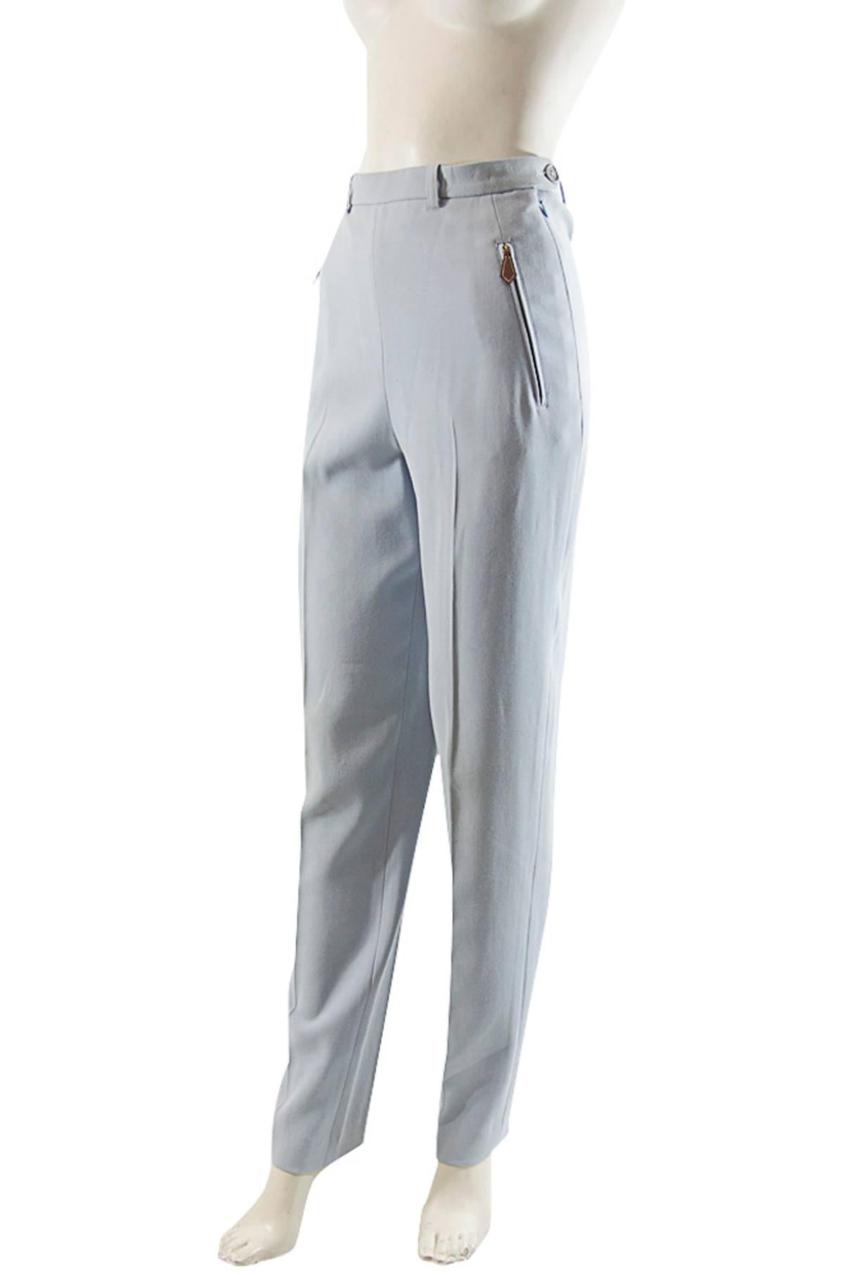 Hermes light blue riding pants zipper pockets with leather tabs size 38 waist 26 hips 36. Mint condition.