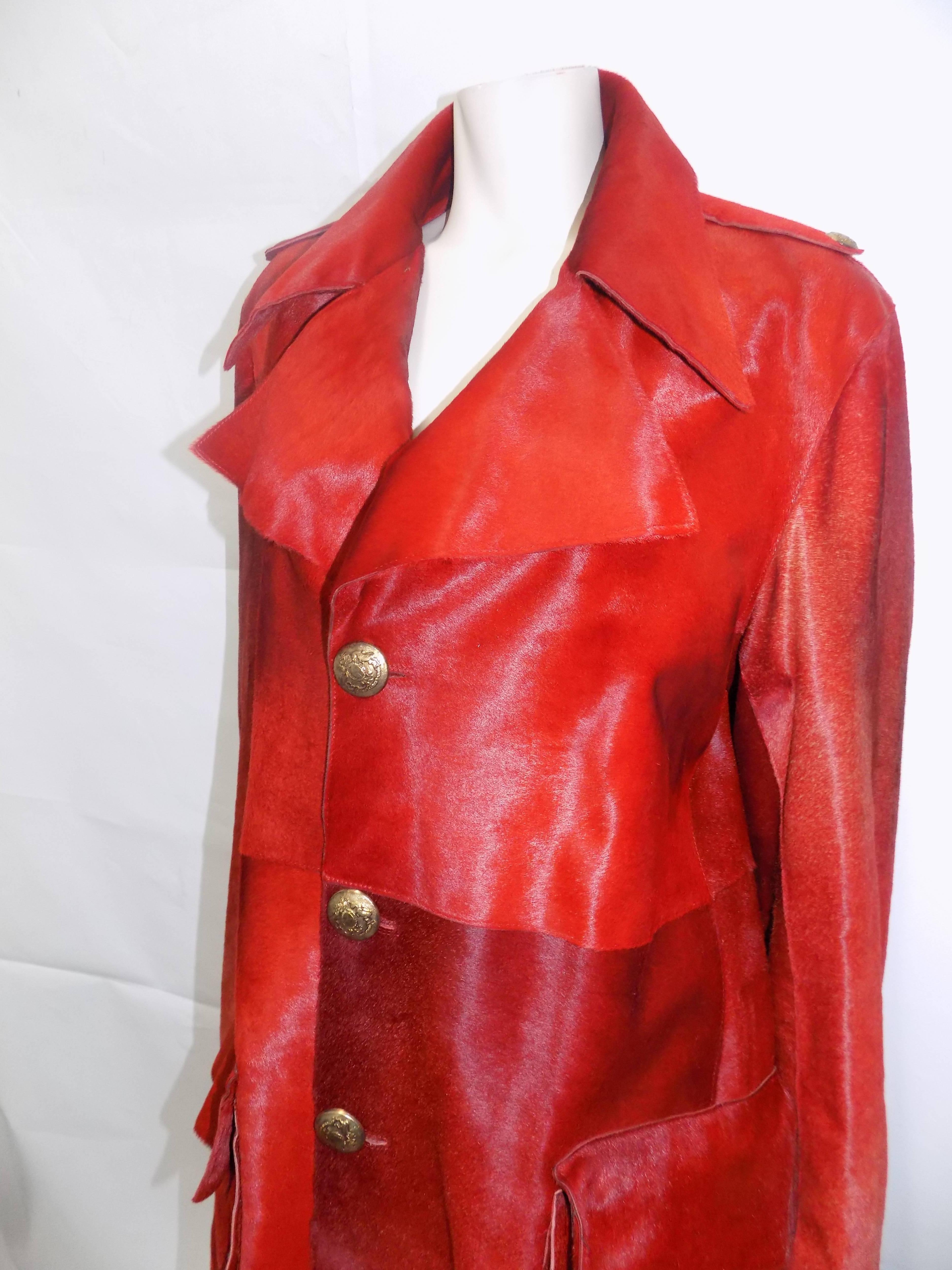 Breathtaking One of a Kind Roberto Cavalli   Blood Red Pony Hair Coat . Unisex style. Fabulous for men and for woman. Made for fashion show many years ago but ever since then kept in the stylist collection. Oversized two patch front pockets, and
