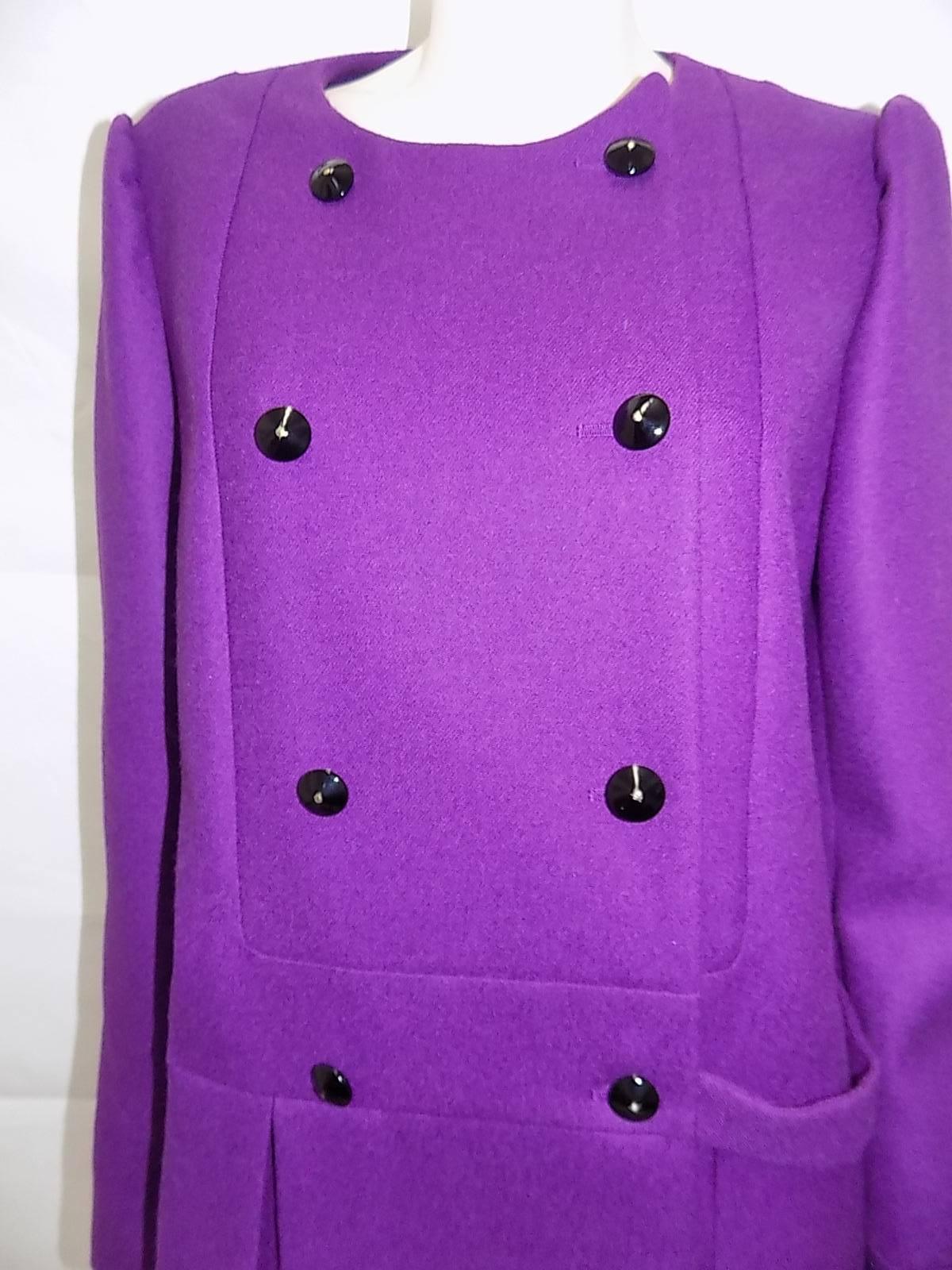 New With Tags Yves Saint Laurent Purple wool  Coat W Leather Buttons sz 46 1