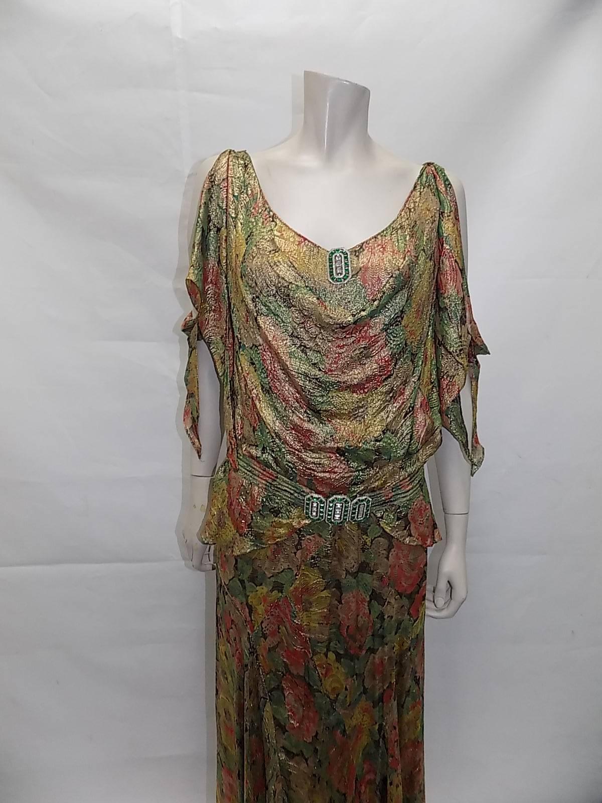 metallic brocade gown with crystal buckle belt, 1930s   For Sale 1