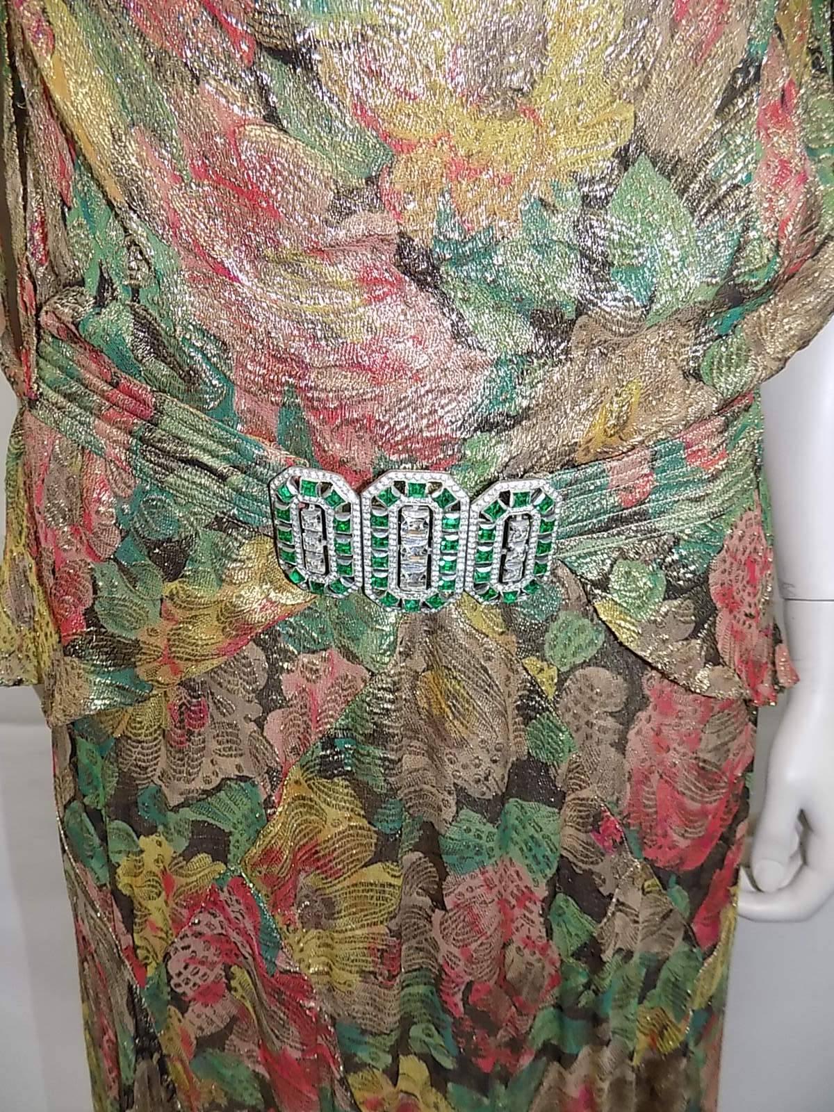 metallic brocade gown with crystal buckle belt, 1930s   In Excellent Condition For Sale In New York, NY