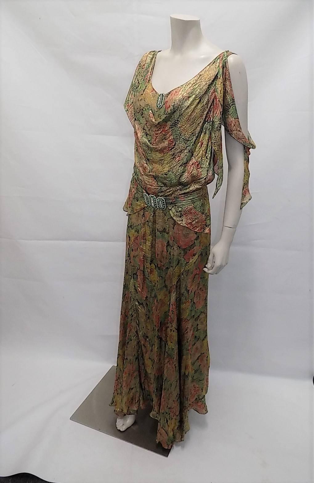 Women's metallic brocade gown with crystal buckle belt, 1930s   For Sale