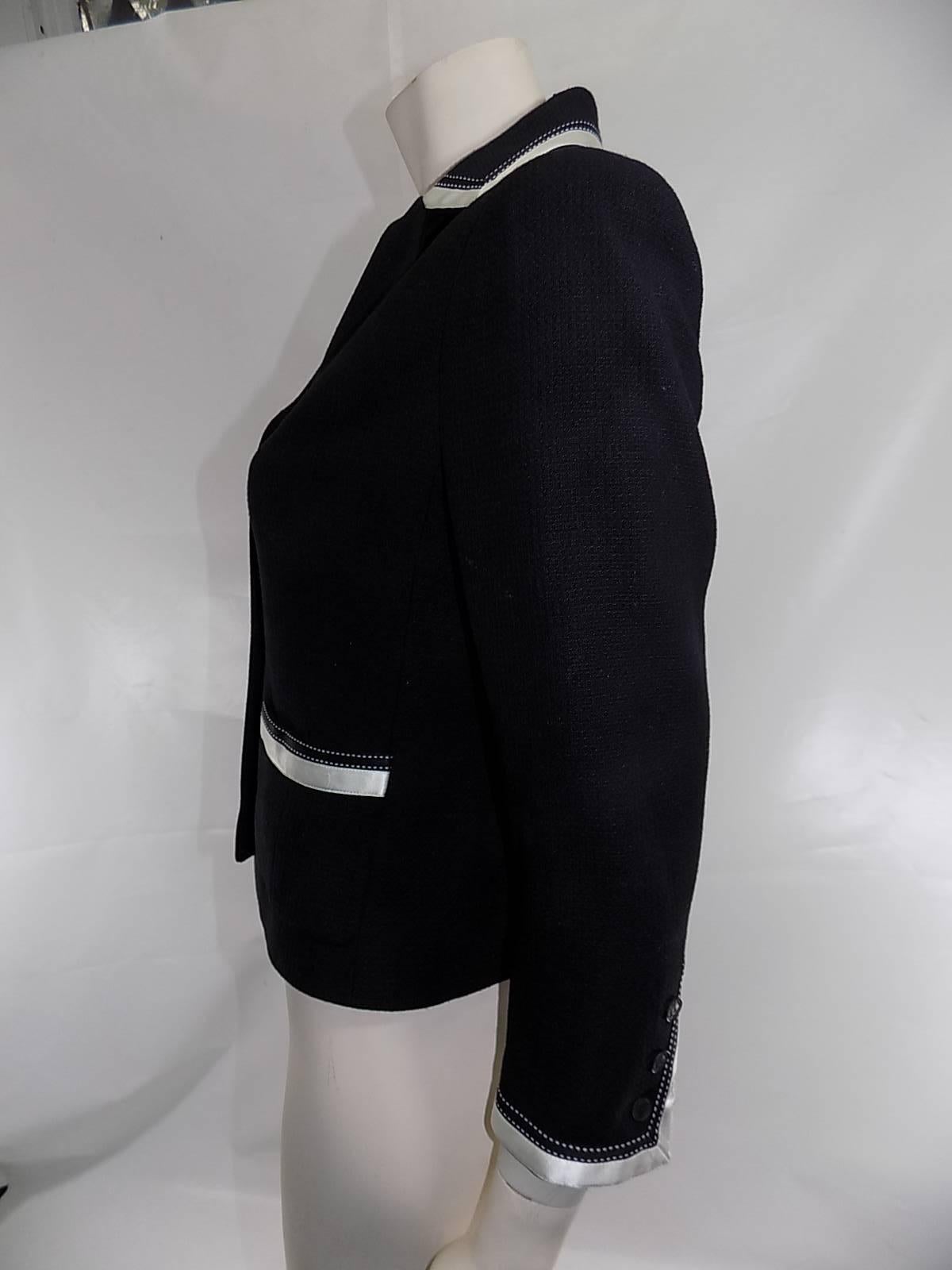 Chanel Black Jacket with white Silk trim Details  In Excellent Condition For Sale In New York, NY