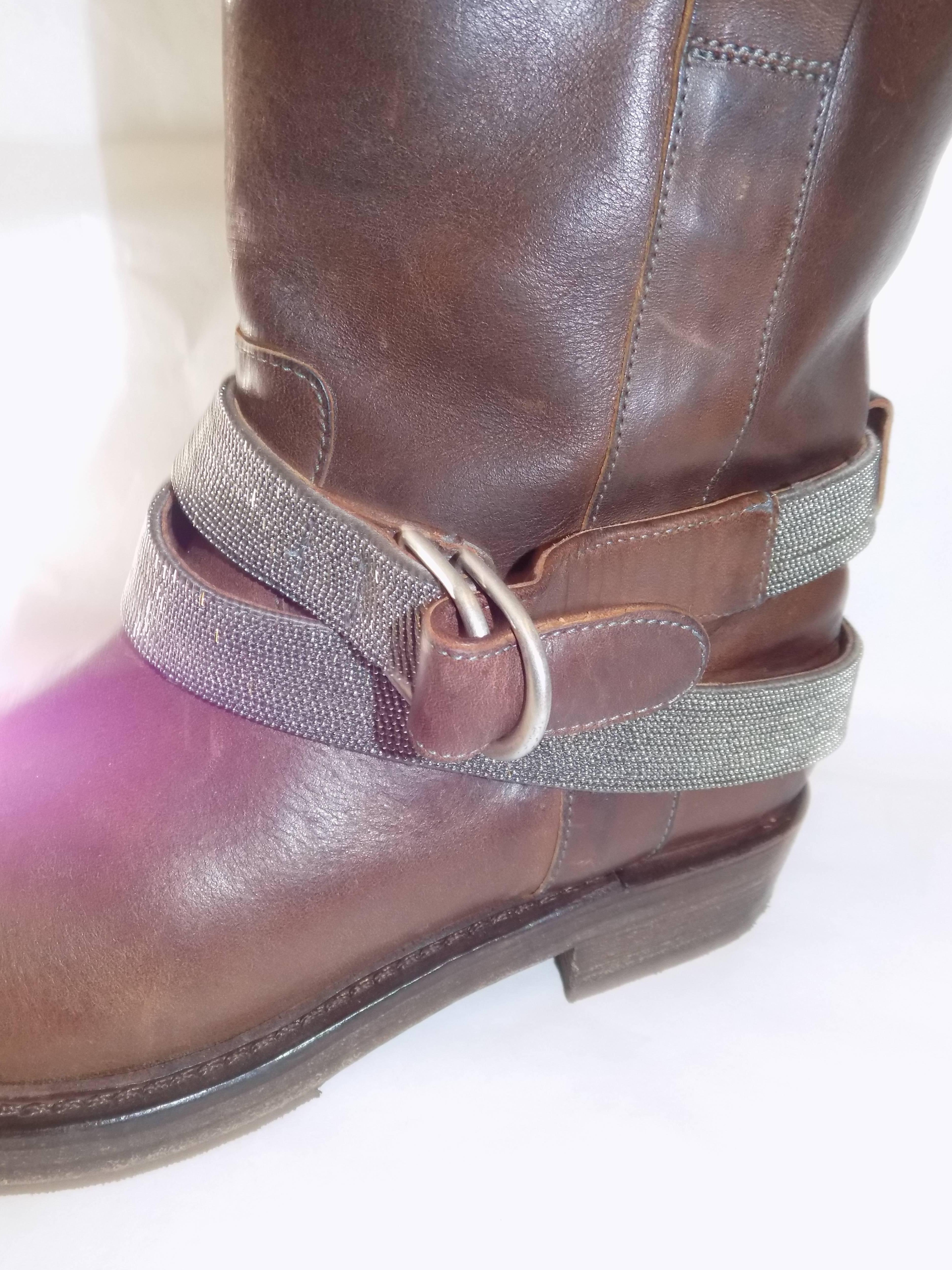Brunello Cucinelli Leather Boots with Monili Strap Sold out Ret $1945 In New Condition In New York, NY